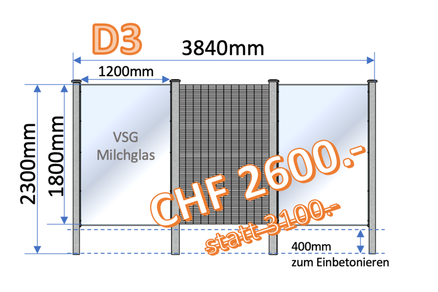 Edelstahl-Sichtschutz Variante D3 mit einem Steinkorb und zwei Milchglas-Elementen