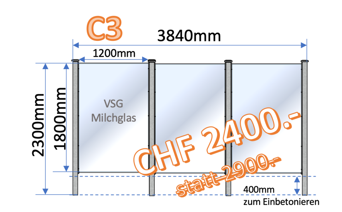 Edelstahl-Sichtschutz Variante C3 mit drei Milchglas-Elementen