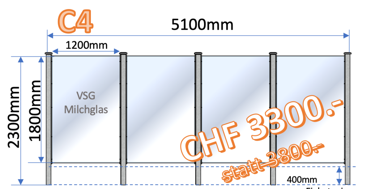Edelstahl-Sichtschutz Variante C4 mit vier Milchglas-Elementen