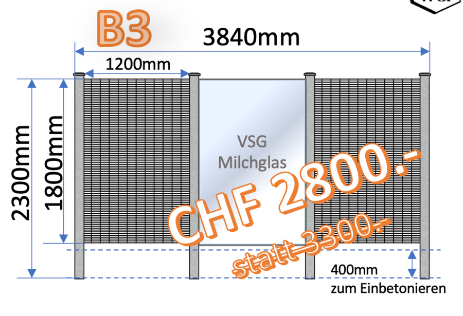 Edelstahl-Sichtschutz Variante B3 mit zwei Steinkörben und Milchglas