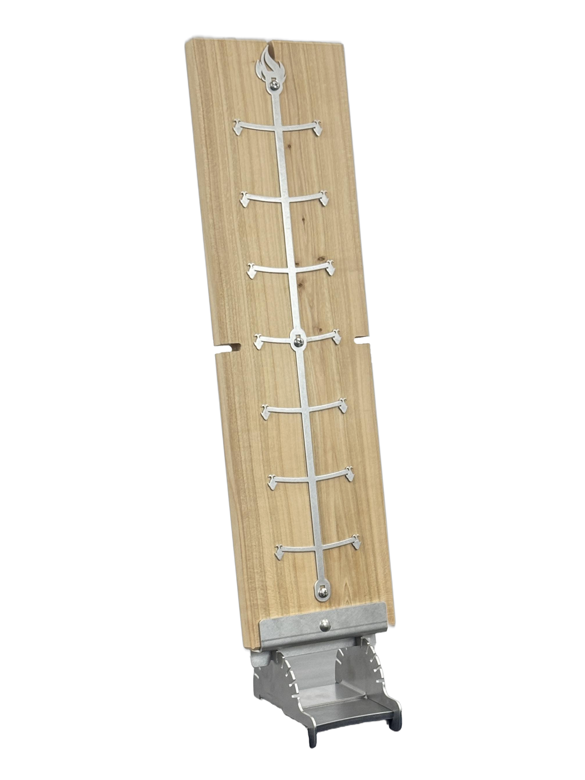 Dispositif pour saumon à la flamme pour foyer ASGARD: planche en cerisier avec attaches et support en inox