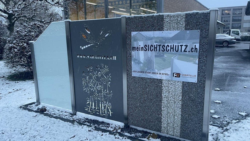 Gabiolino Steinkorb-Sichtschutz von meinsichtschutz.ch mit Laser-Sujet Libelle und Milchglas