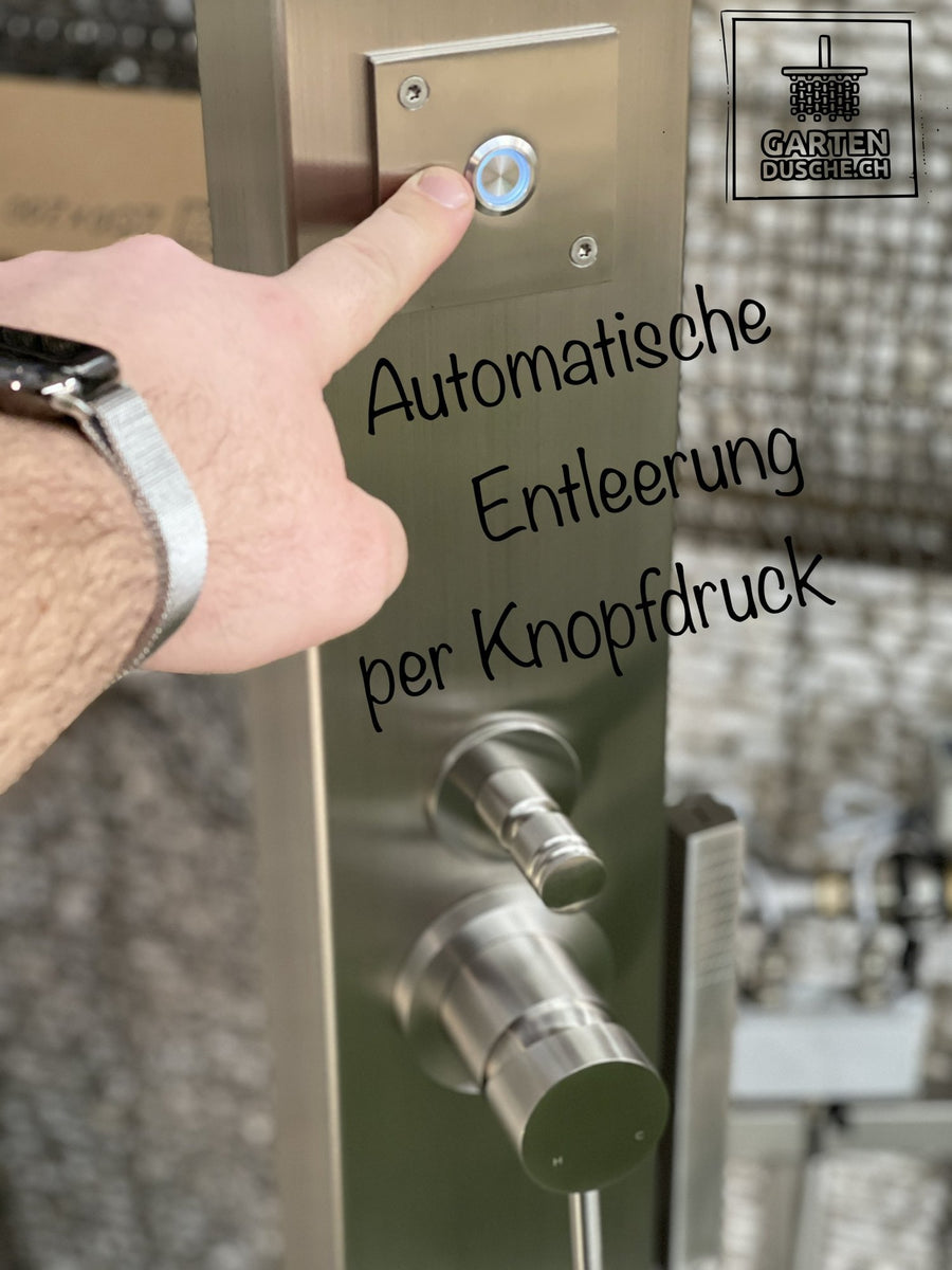 Automatische Entleerung per Knopfdruck an der Gartendusche GS01