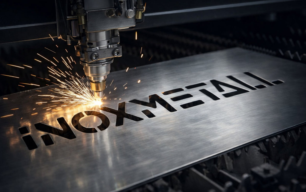 Faserlaser schneidet das INOXMETALL-Logo aus einem Edelstahlblech – Funkenflug in der Manufaktur Etzgen