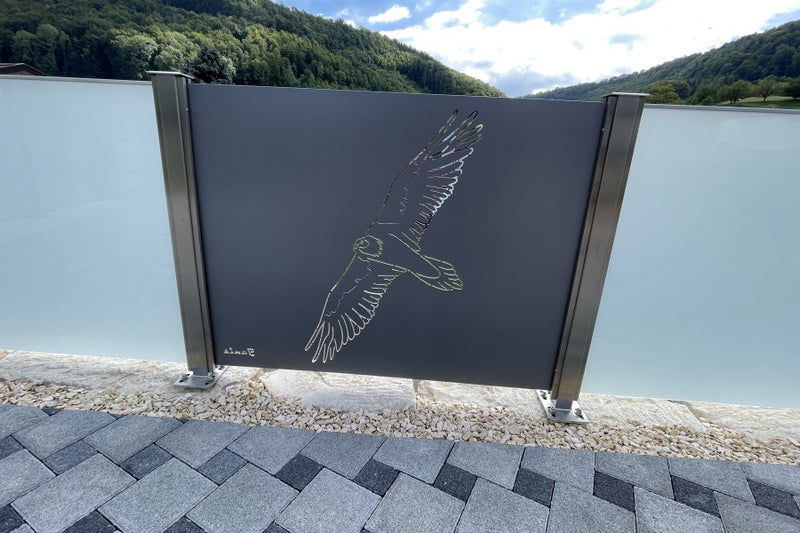 Geländer mit VSG-Milchglas und gelasertem Aluminium-Sujet «Bartgeier» – Ittenthal AG