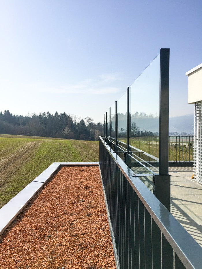 SlideGlass® Windschutzgeländer mit Blick über Wiese und Wald