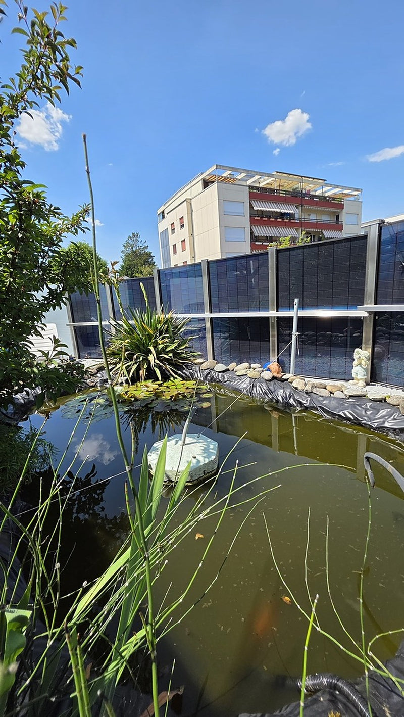Referenz Mellingen AG: bifazialer Solar-Sichtschutz hinter dem Gartenteich