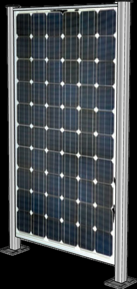 Solar-Sichtschutz mit bifazialem Glas-Glas-Modul zwischen zwei Pfosten