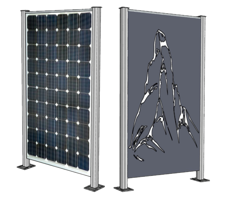 Solar-Sichtschutz: bifaziales Glas-Glas-Modul neben einem Element mit Laser-Sujet